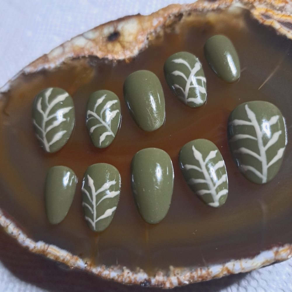 Full Custom Made Set of Press On Nails "Feeling Ferny" Olive Green!